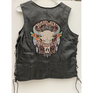 Unik Premium Black Leather Vest With Custom Harley Davidson Patch Adult Size M
